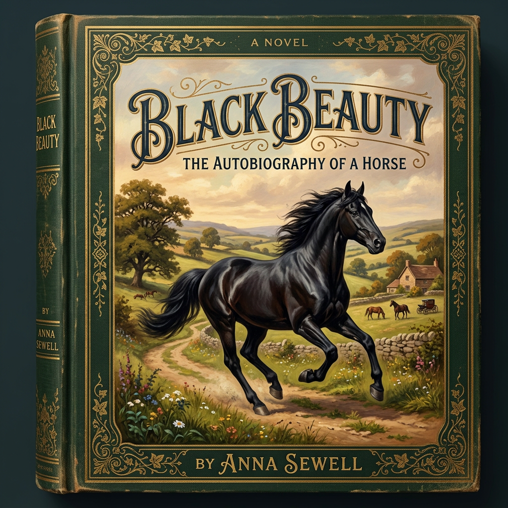 Cover of Black Beauty novel showing a black horse running on a country path with countryside and farmhouse background