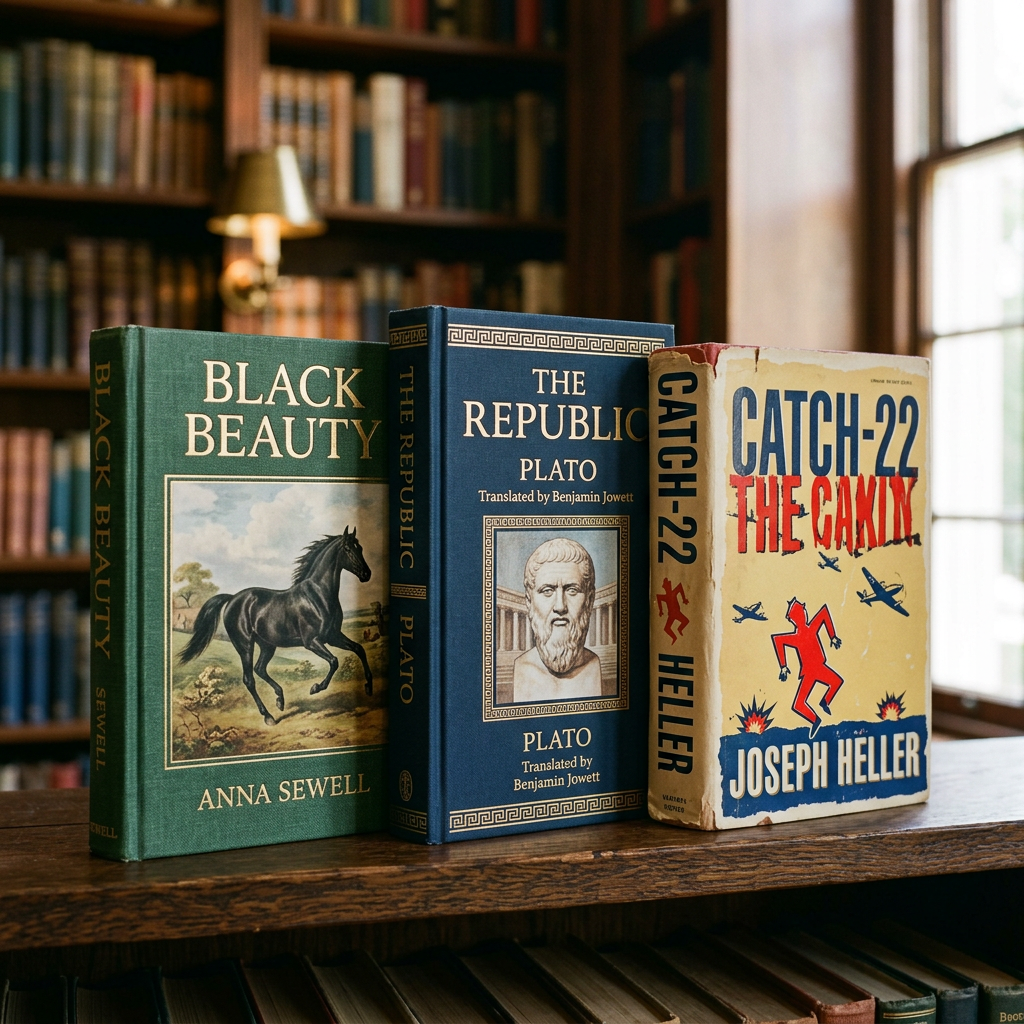 Books Black Beauty by Anna Sewell, The Republic by Plato, and Catch-22 by Joseph Heller standing upright on a wooden shelf